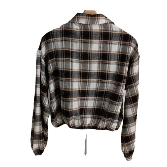 Hesperus Cropped Flannel Plaid Oversized Shirt Black Tan White Women’s Size L - Picture 4 of 16